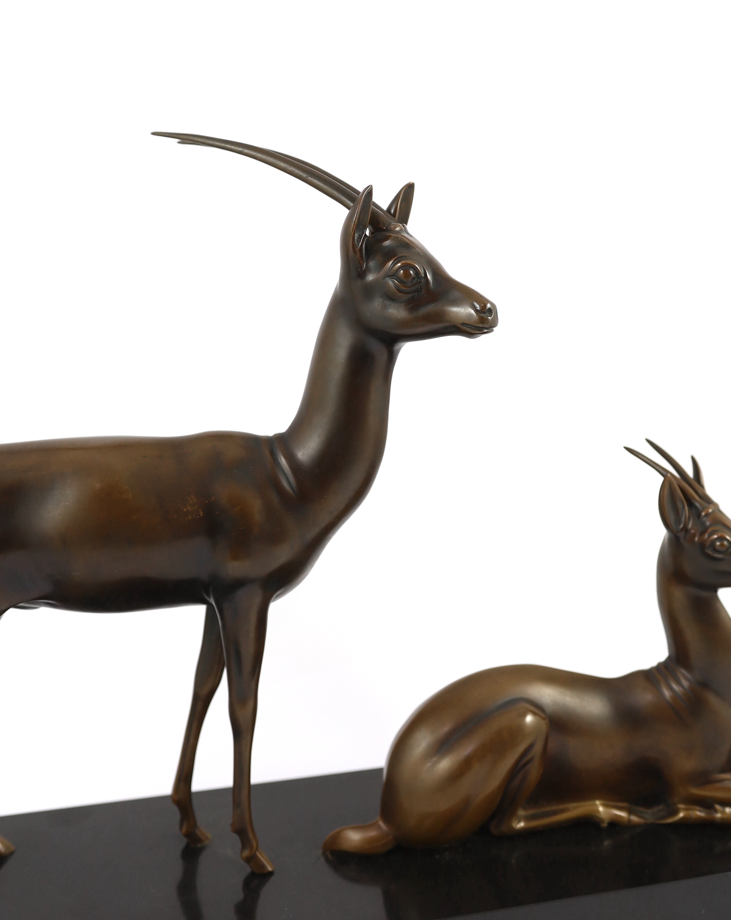 Georgij Dmitrievic Lavroff (Russian, 1895-1991). An Art Deco bronze group of two antelope, 73cm wide, 14cm deep, 42cm high